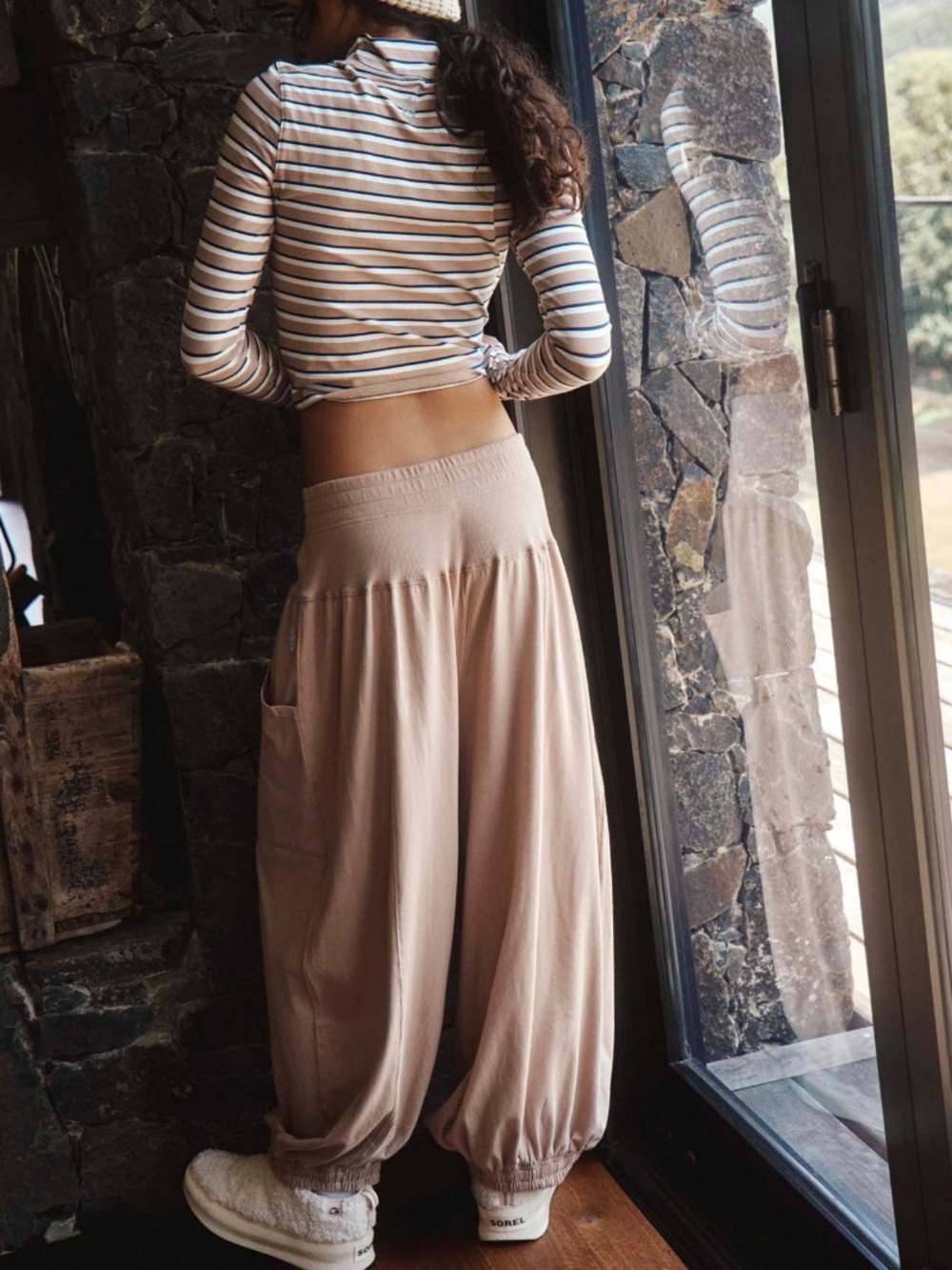 FP Movement SET Up In The Air Midnight Striped Tan Blue Top & Harem Pants NWT - Picture 3 of 9